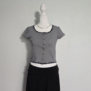 Y2K, Lace Trim, Cropped Striped Navy and White Button-Up Women's Top